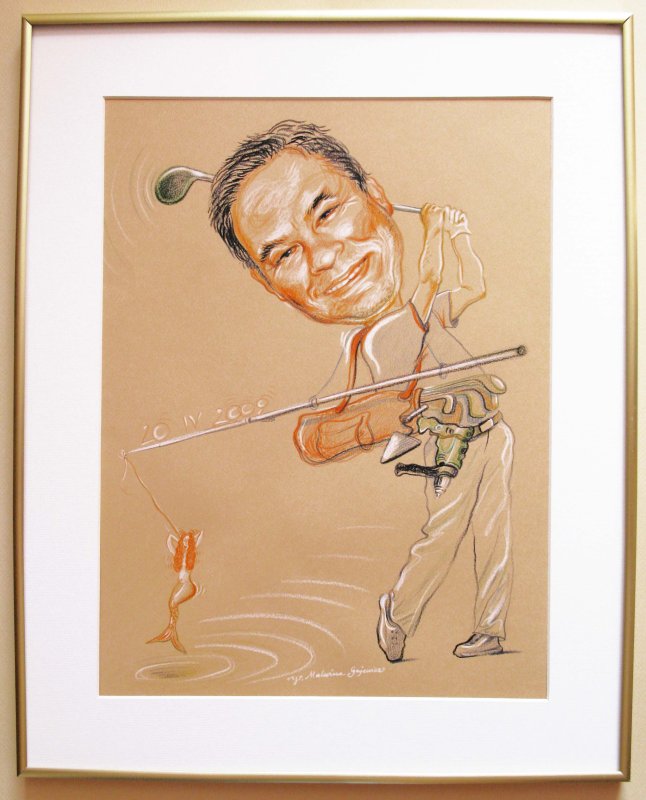 karykatura, portret, złota rybka, golfista