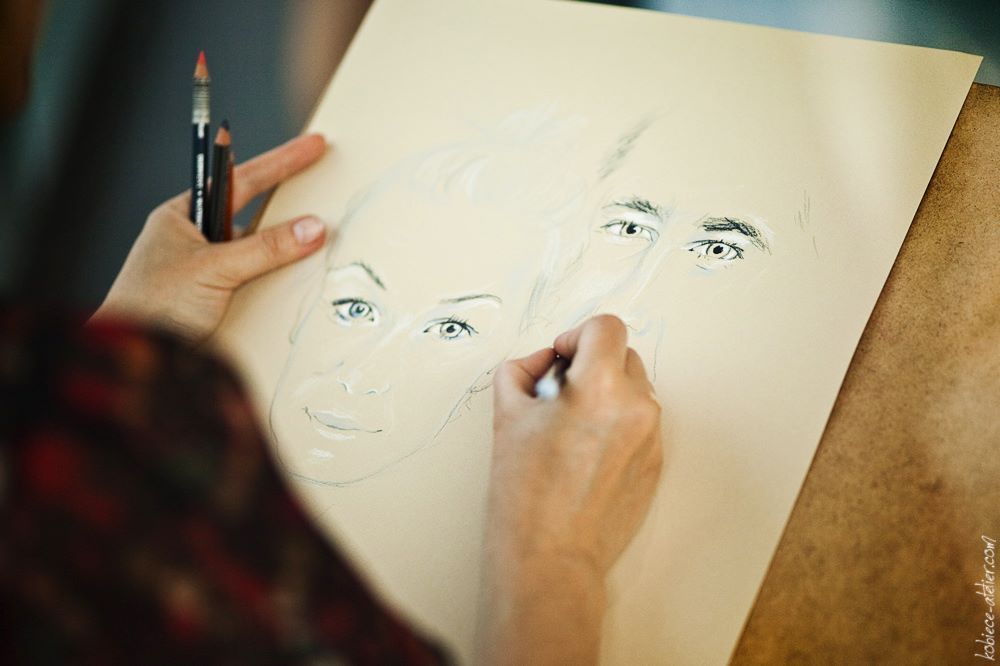 drawing, para, oczy, ręka